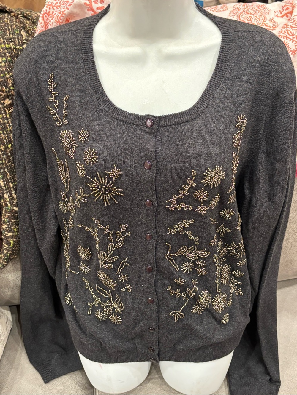 Sundance Women’s Dark Gray beaded Button-Front Sweater